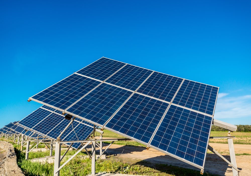 solar panel energy from the sun. Under the blue sky